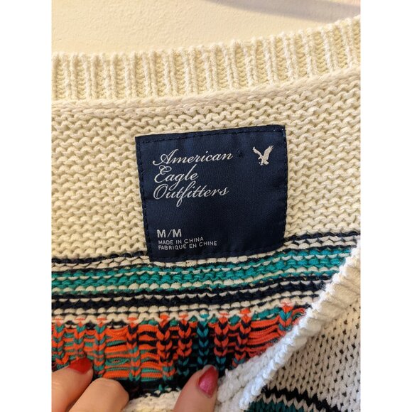 Womens American Eagle White Aztec Knit Top Western Boho Sweater 1/2 Sleeve M - Picture 6 of 8